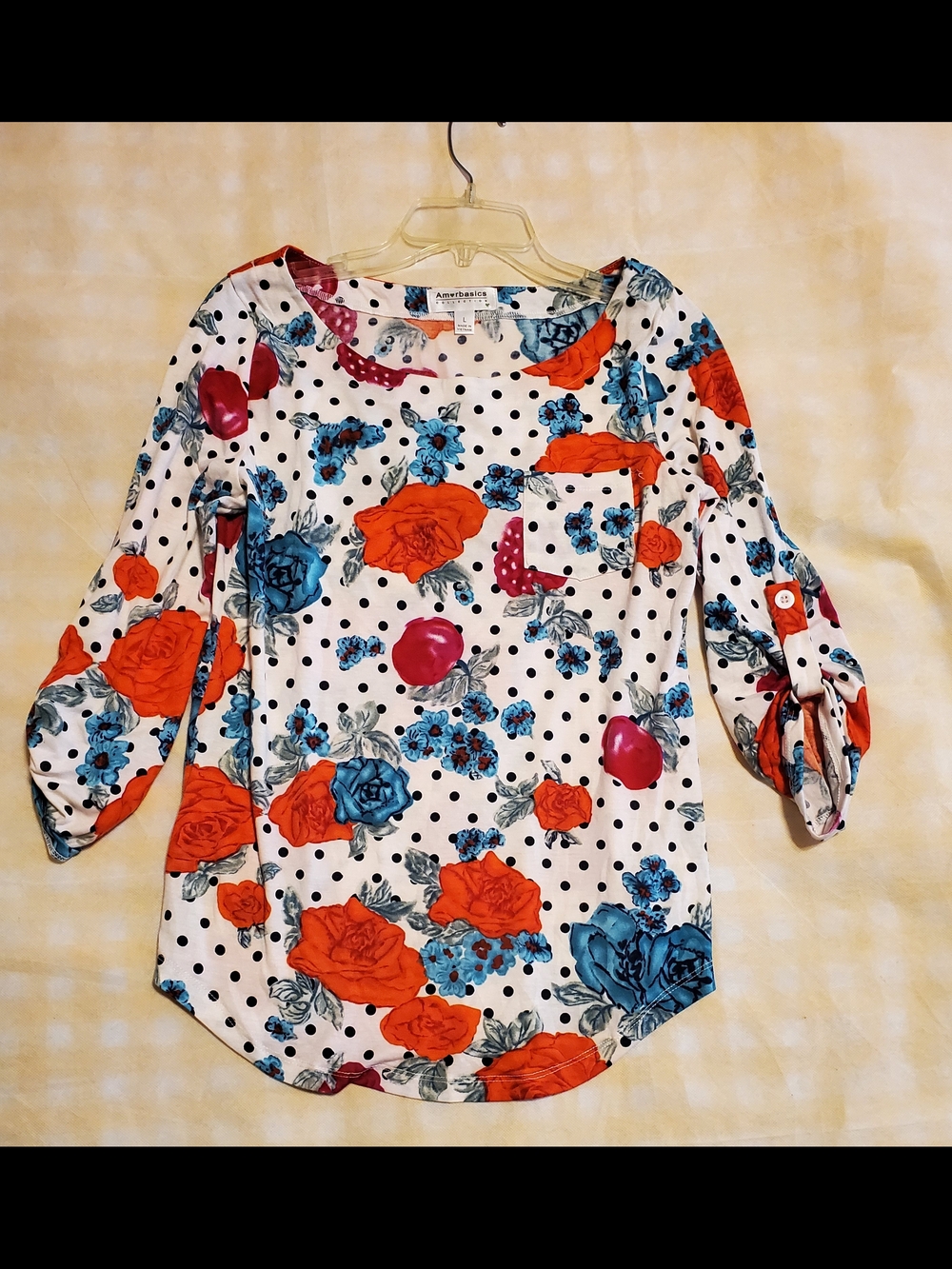 Annabella White Floral Polka Dot 3/4 Sleeve Blouse with Red & Teal Flowers